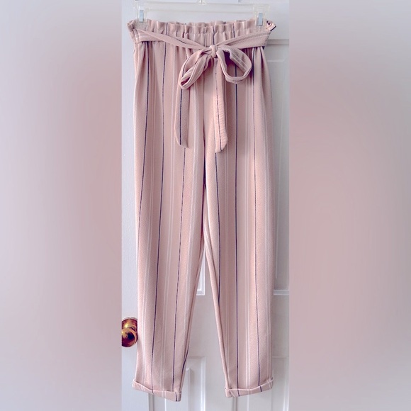 No Comment Pants - No Comment Pinstripe Gathered Waist Tie Belt Salmon Pink Pinstripe Dress Pants